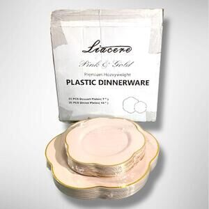 NIB Liacere 50 PCS Pink Plastic Plates (25 Dinner Plates, 25 Dessert Plates)